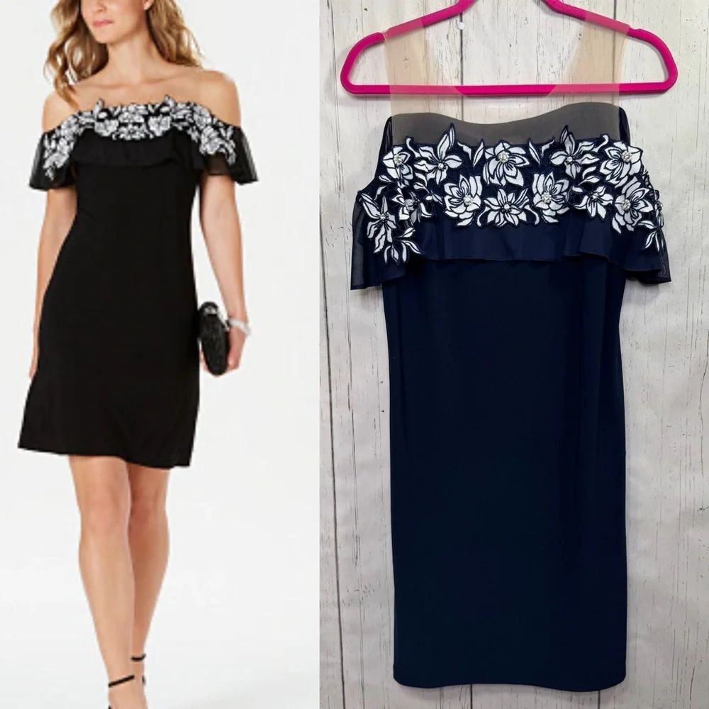 MSK Navy Illusion Off The Shoulder Floral Appliqué Dress Elegant Evening Chic